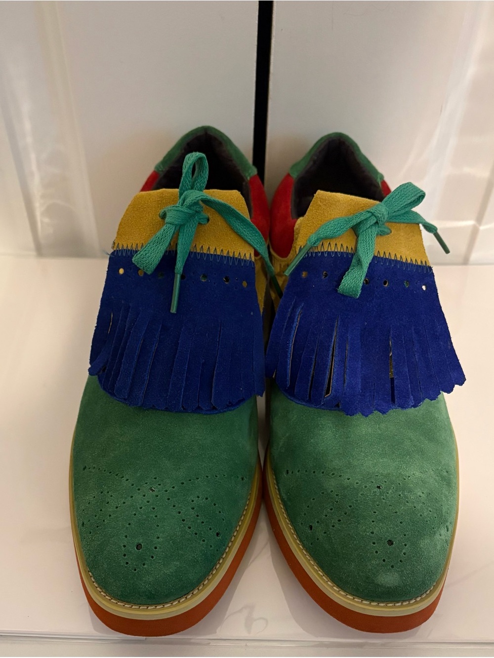 ENCORE, Colorblock Suede Fringe Lace-Up Oxfords - Green/Blue/Yellow/Red
